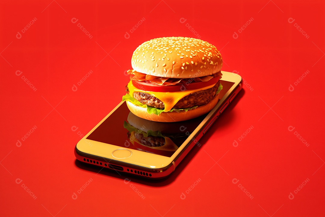 Hambúrguer saindo de um celular no fundo vermelho