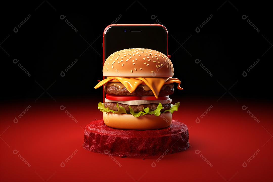 Hambúrguer saindo de um celular no fundo vermelho