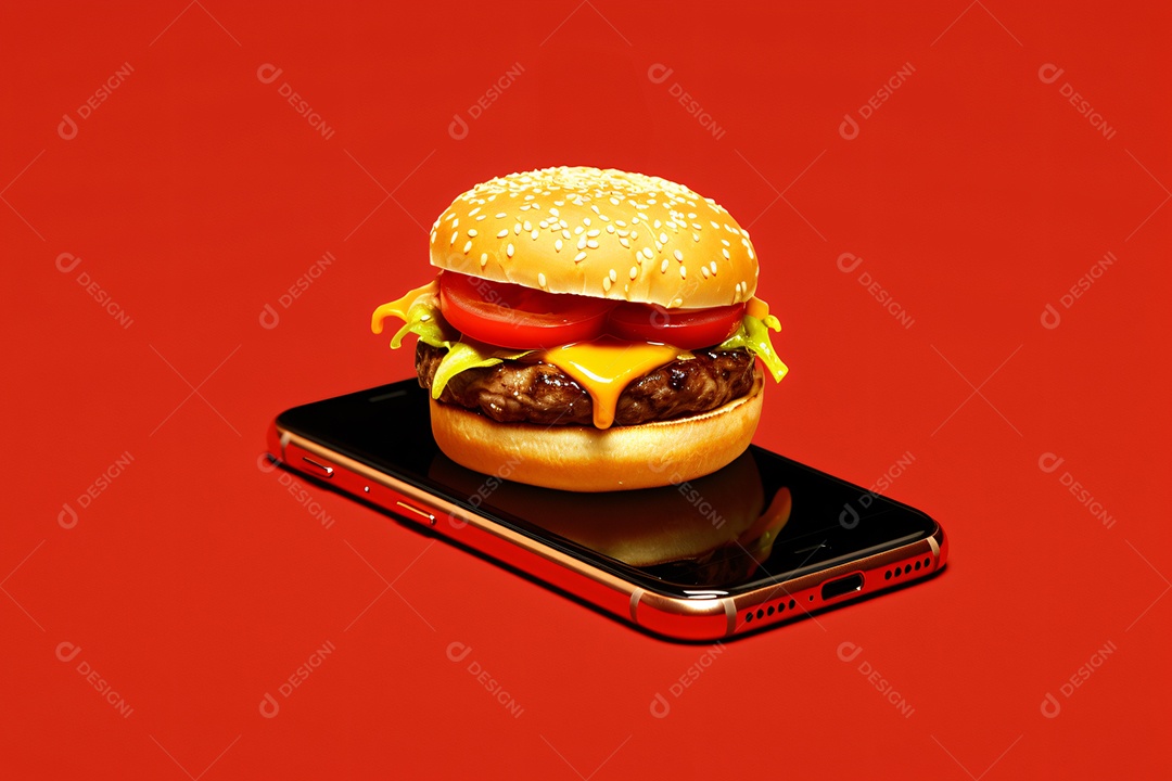 Hambúrguer saindo de um celular no fundo vermelho