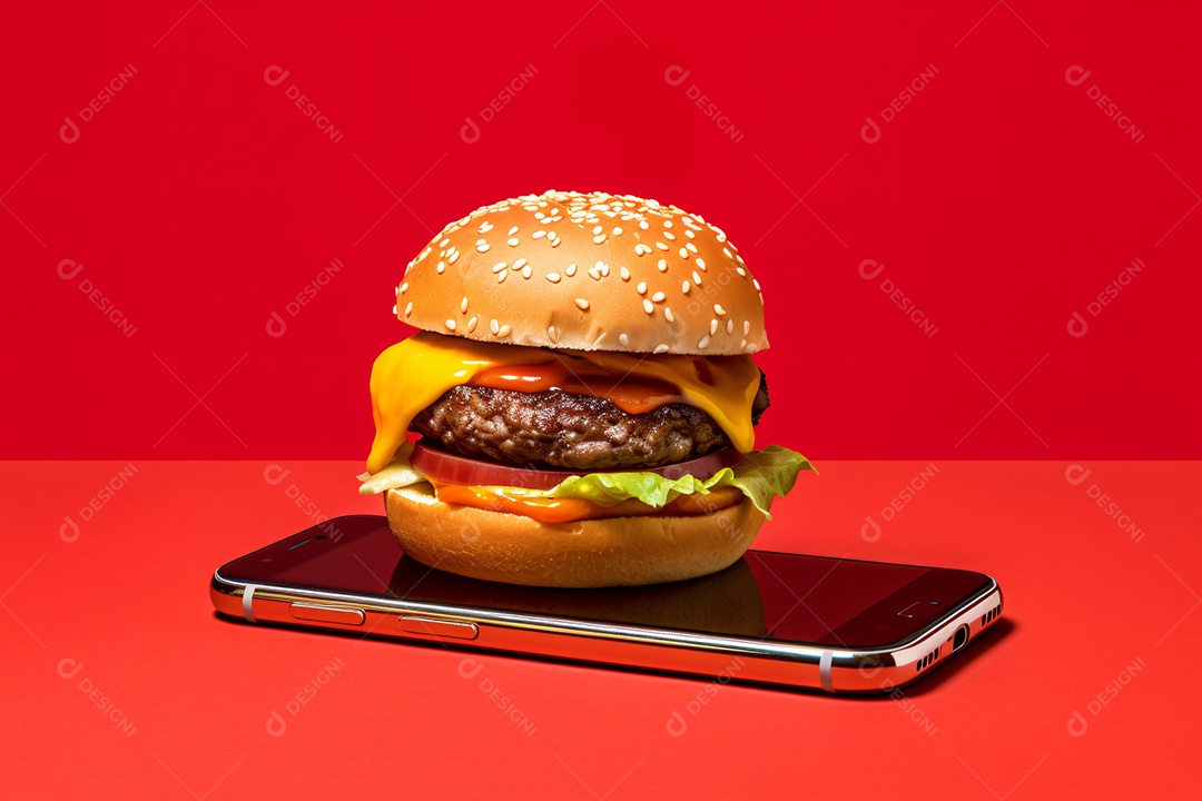 Hambúrguer saindo de um celular no fundo vermelho