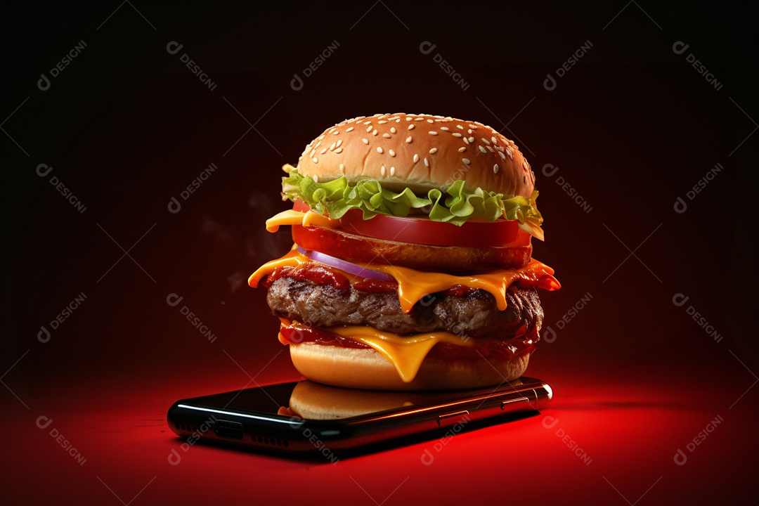 Hambúrguer saindo de um celular no fundo vermelho