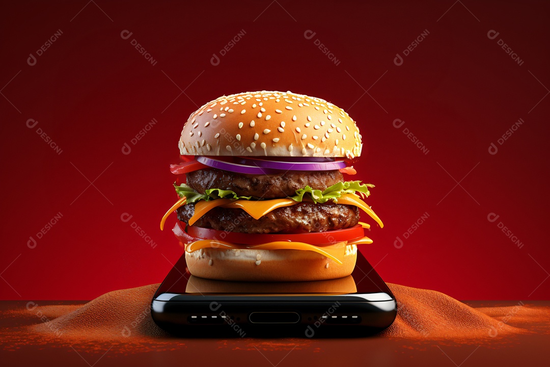 Hambúrguer saindo de um celular no fundo vermelho