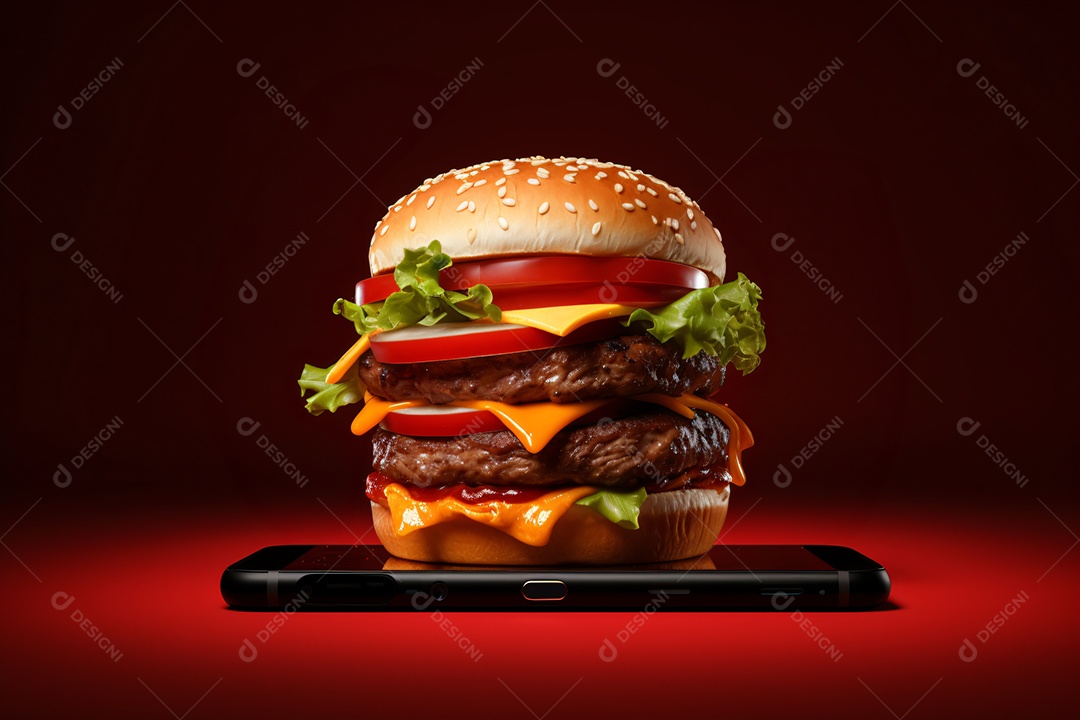 Hambúrguer saindo de um celular no fundo vermelho
