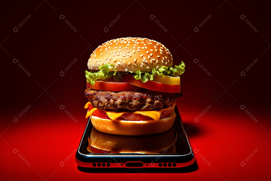 Hambúrguer saindo de um celular no fundo vermelho