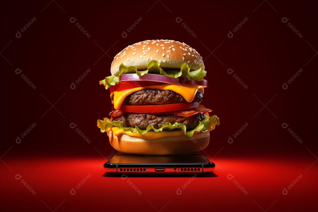 Hambúrguer saindo de um celular no fundo vermelho