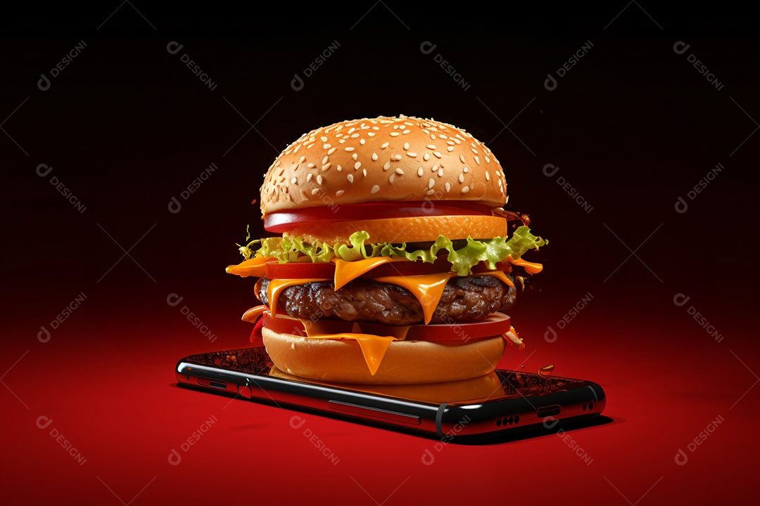 Hambúrguer saindo de um celular no fundo vermelho