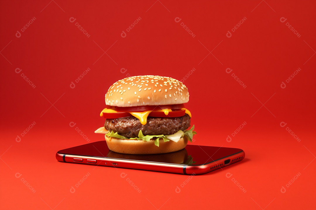 Hambúrguer saindo de um celular no fundo vermelho