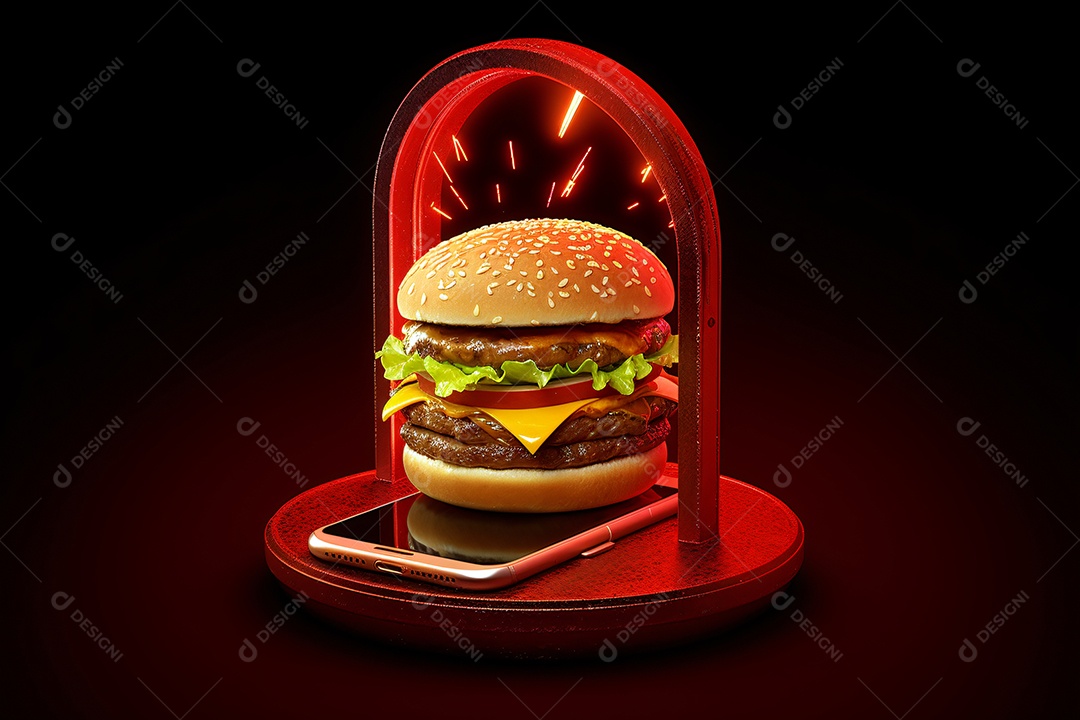 Hambúrguer saindo de um celular no fundo vermelho