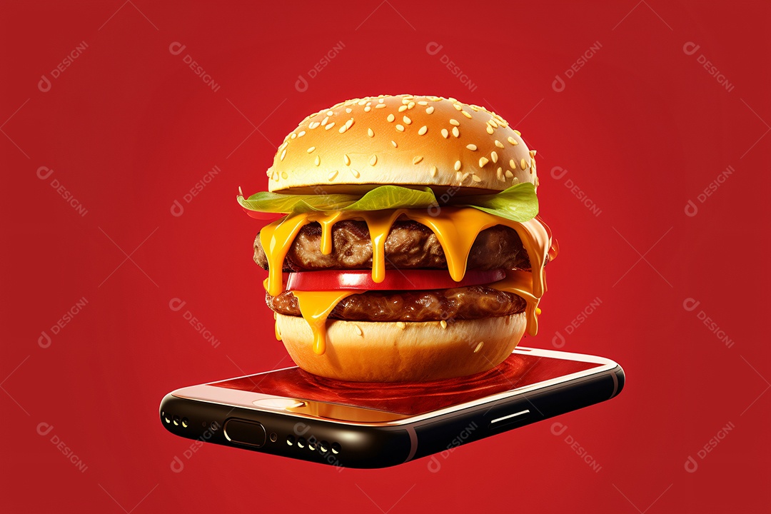 Hambúrguer saindo de um celular no fundo vermelho