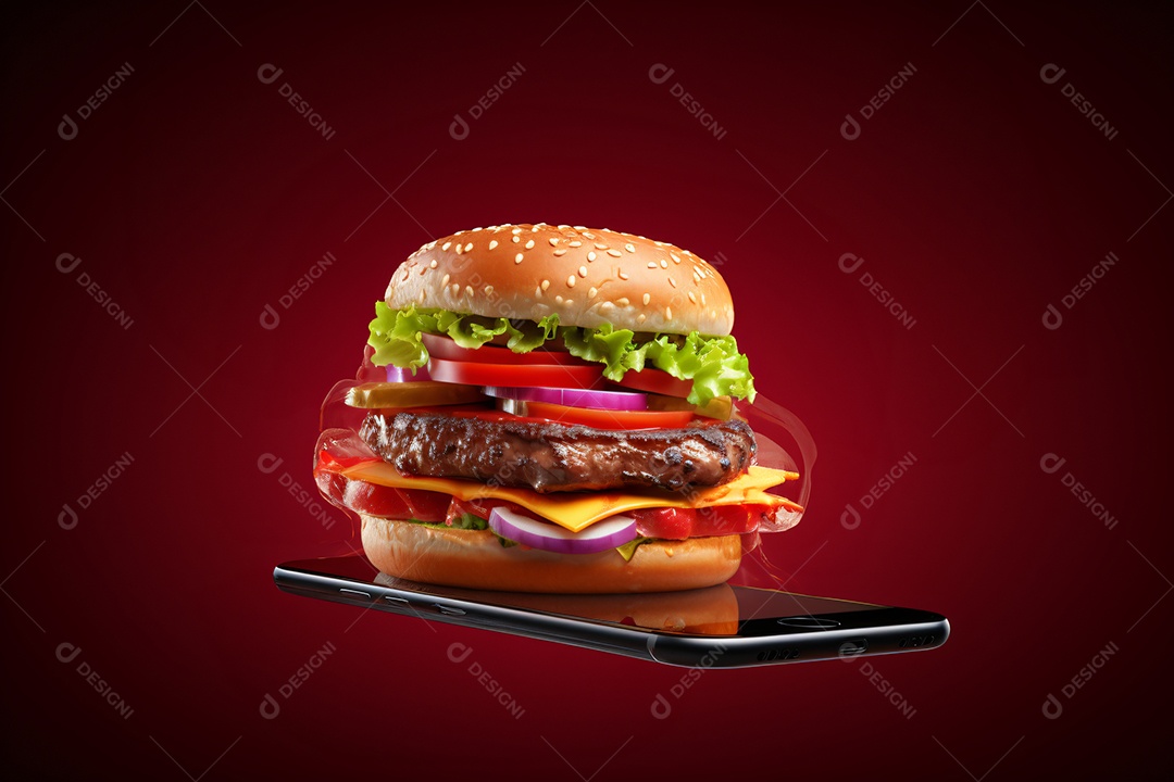 Hambúrguer saindo de um celular no fundo vermelho