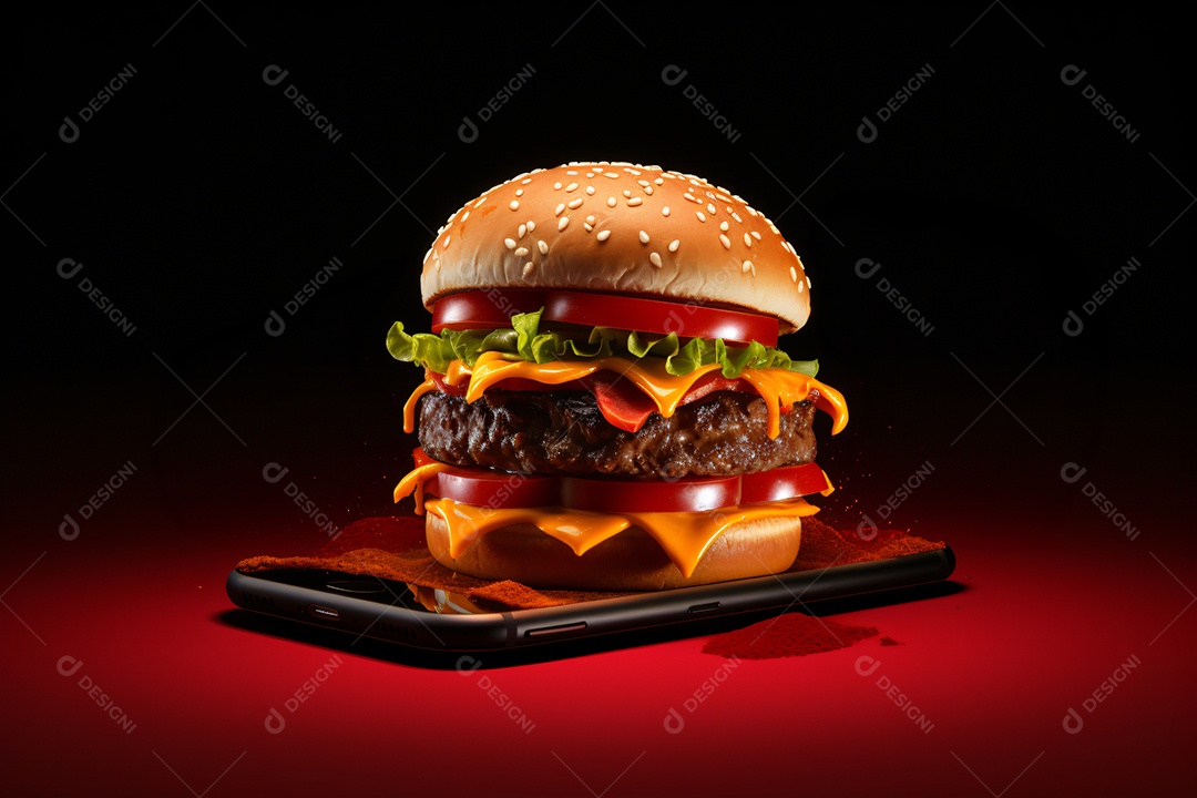 Hambúrguer saindo de um celular no fundo vermelho