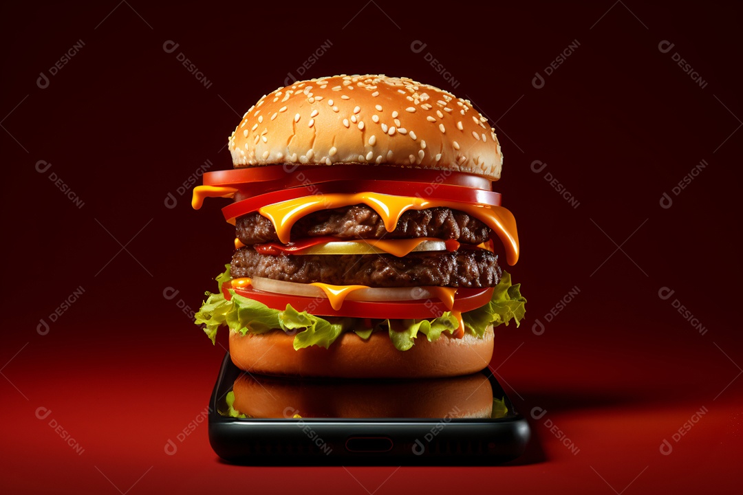 Hambúrguer saindo de um celular no fundo vermelho