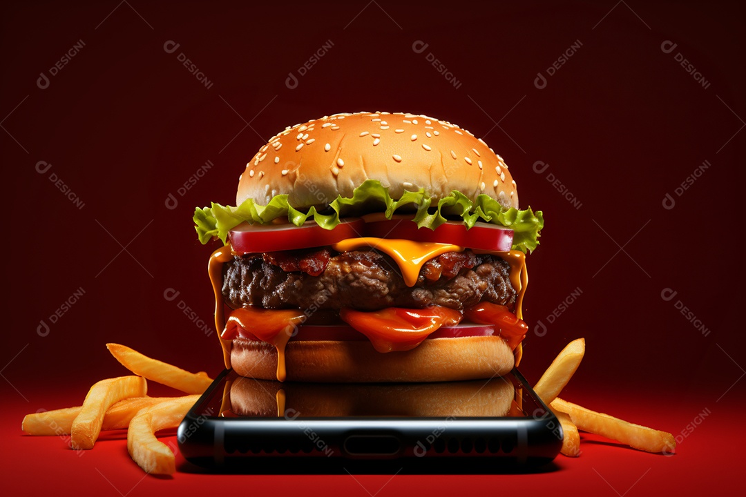 Hambúrguer saindo de um celular no fundo vermelho
