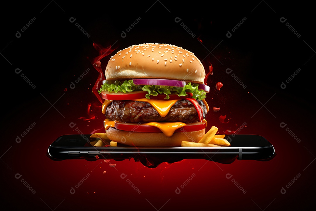 Hambúrguer saindo de um celular no fundo vermelho