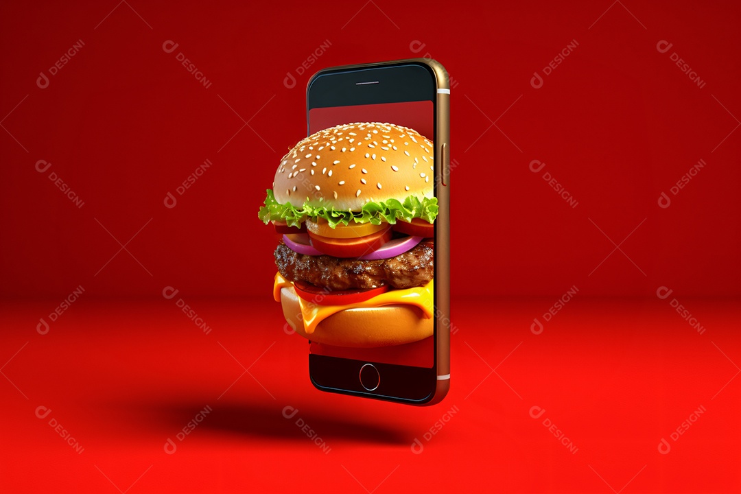 Hambúrguer saindo de um celular no fundo vermelho