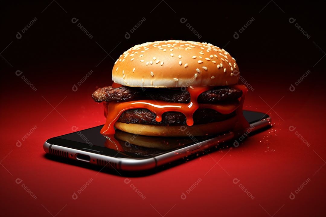 Hambúrguer saindo de um celular no fundo vermelho