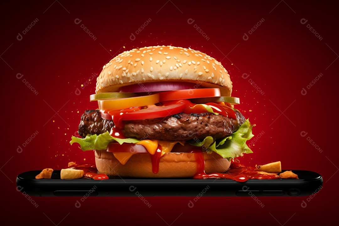 Suculento hambúrguer saindo de um celular no fundo vermelho
