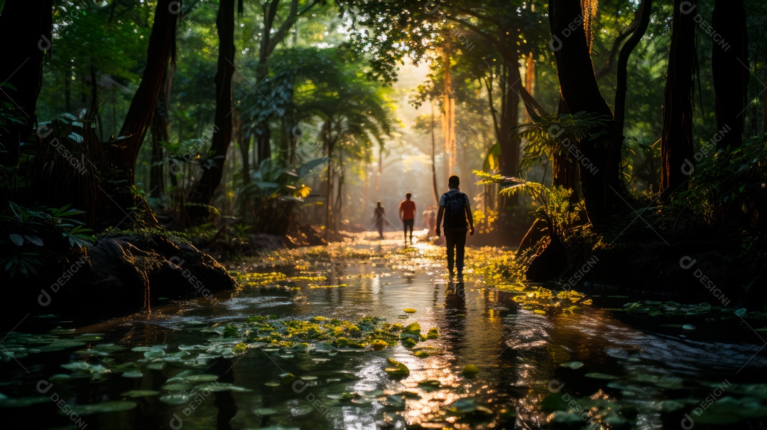 Pessoas andando sobre floresta.