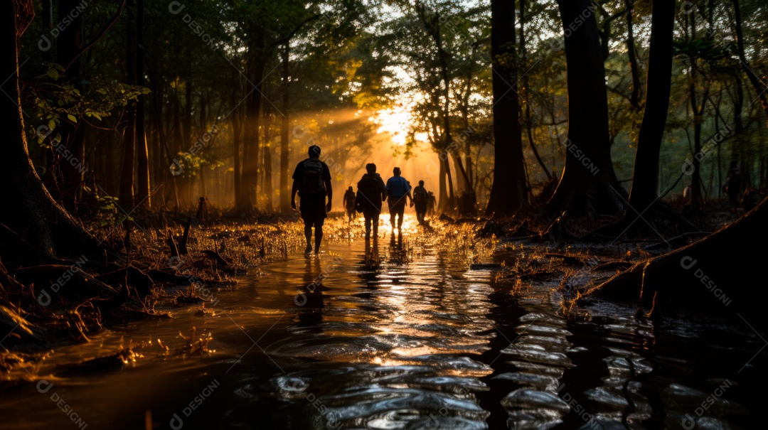 Pessoas andando sobre floresta.
