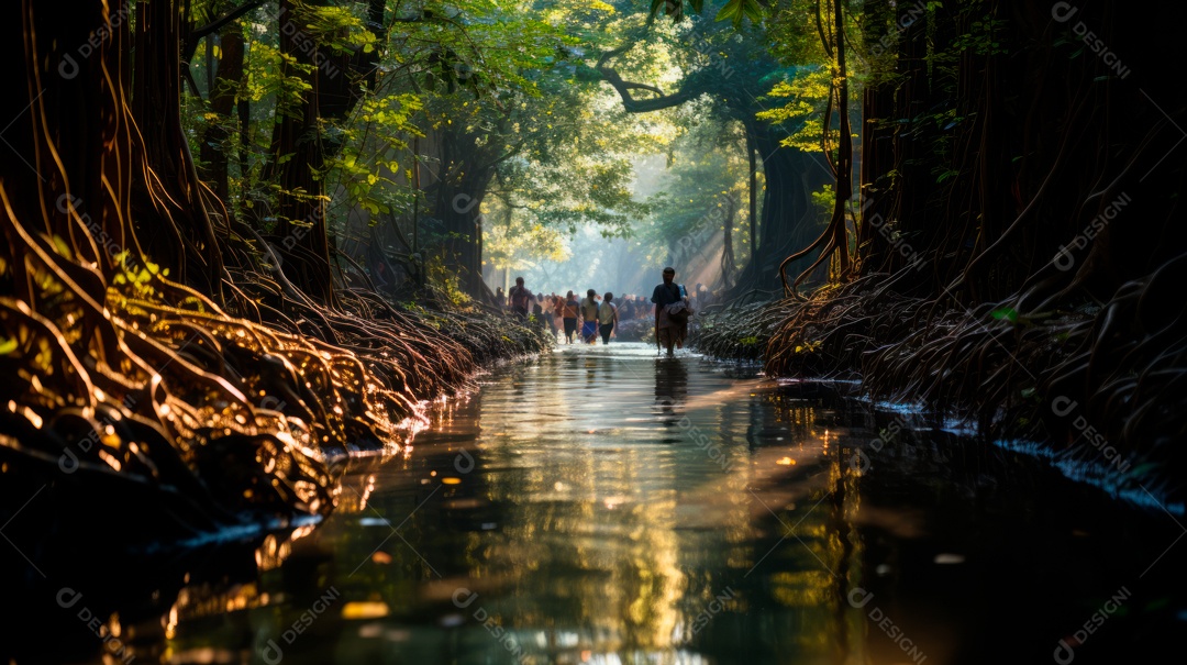 Pessoas andando sobre floresta.