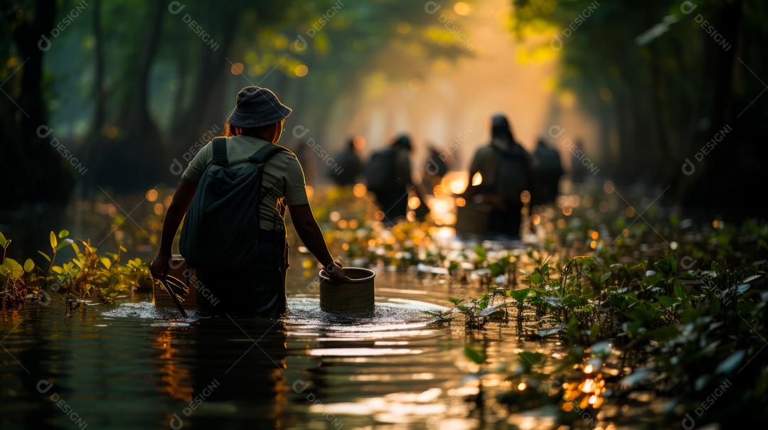 Pessoas andando sobre floresta.
