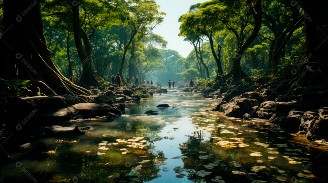 Pessoas andando sobre floresta.