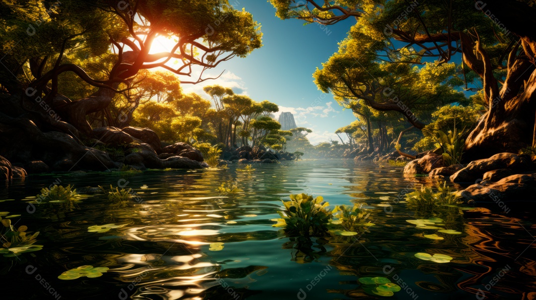 Linda paisagem de floresta ao lado de um lago.