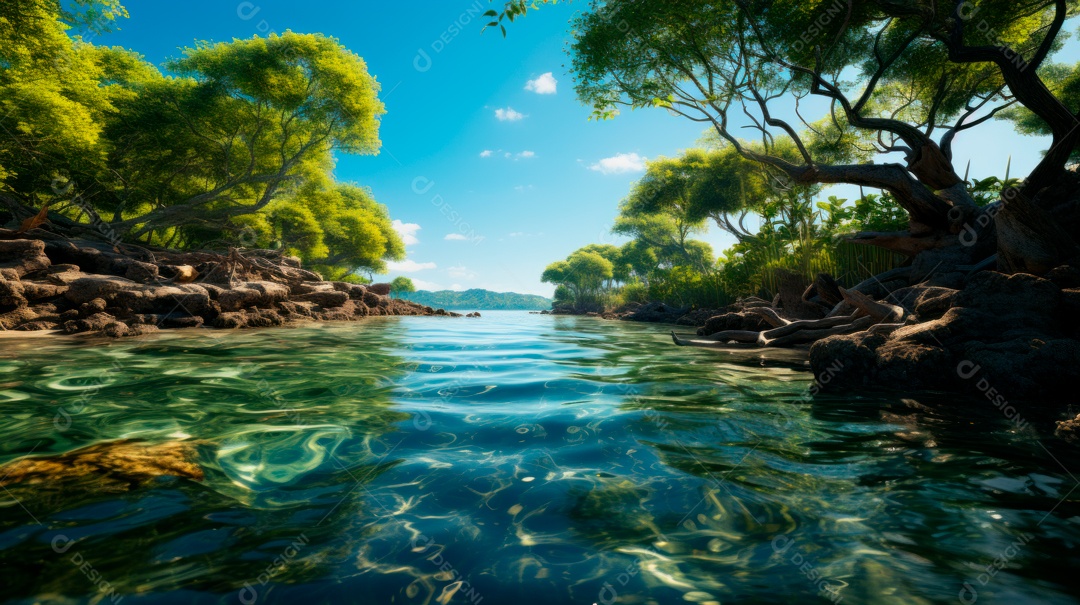 Linda paisagem de floresta ao lado de um lago.