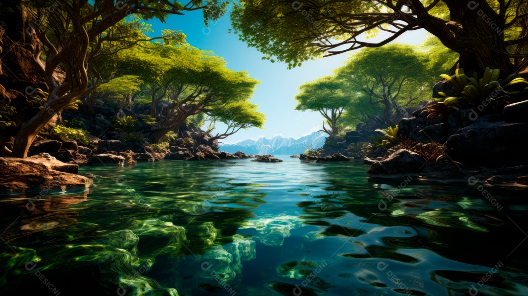 Linda paisagem de floresta ao lado de um lago.