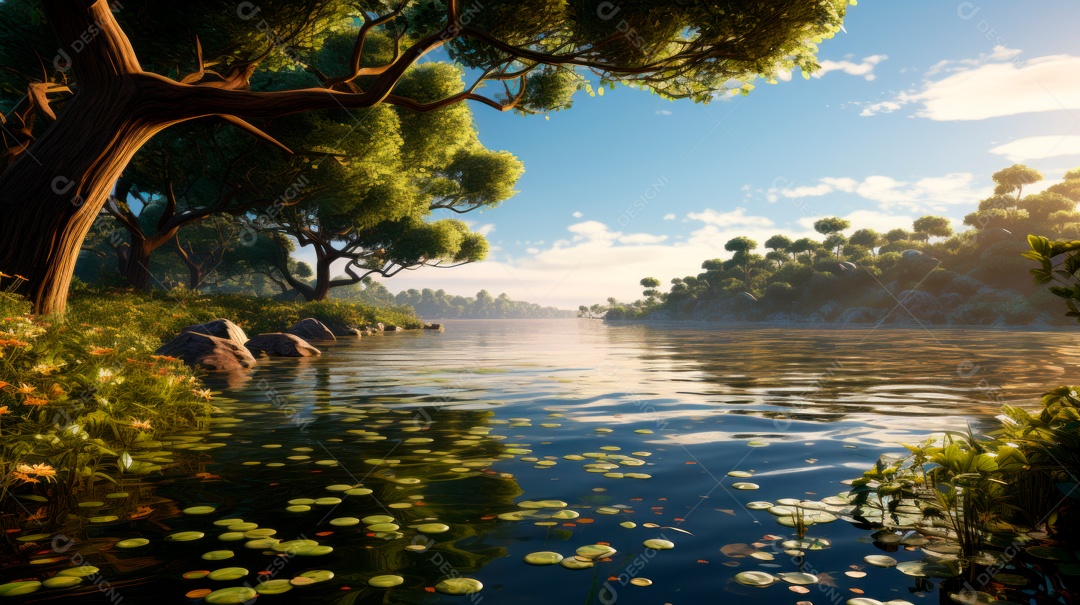 Linda paisagem de floresta ao lado de um lago.