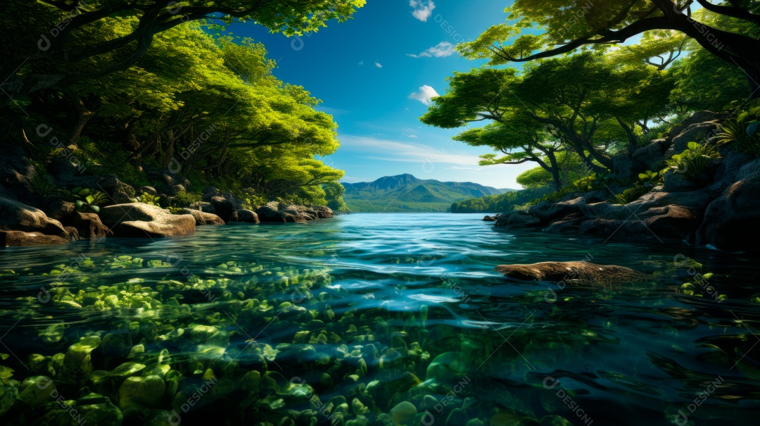 Linda paisagem de floresta ao lado de um lago.