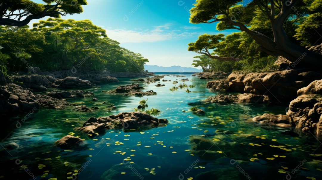 Linda paisagem de floresta ao lado de um lago.