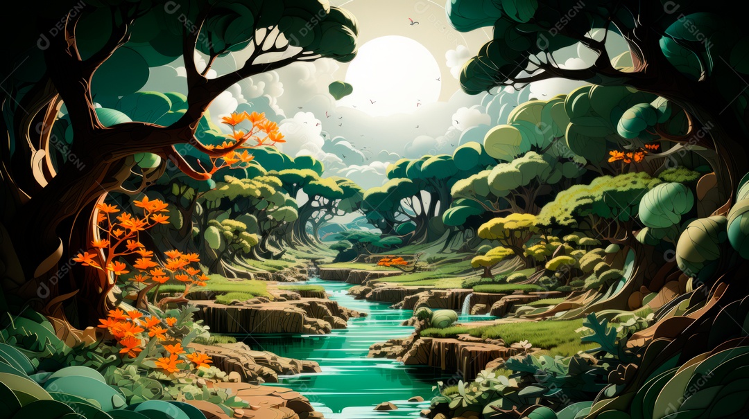 Linda paisagem de floresta ao lado de um lago.