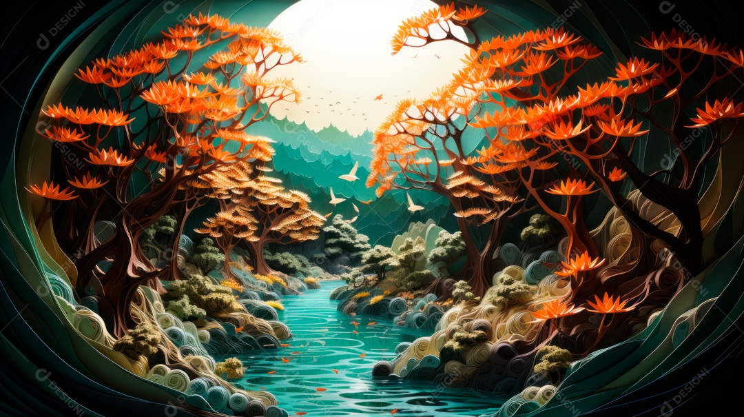 Linda paisagem de floresta ao lado de um lago.