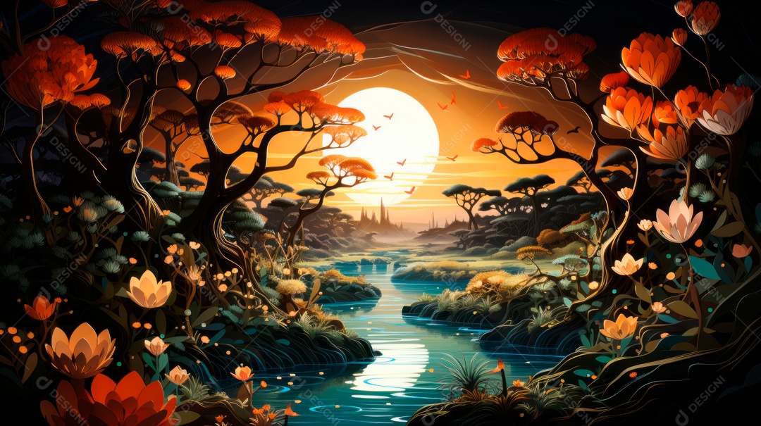 Linda paisagem de floresta ao lado de um lago.