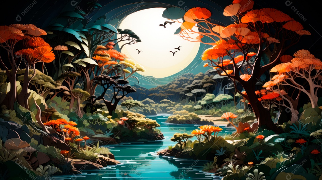 Linda paisagem de floresta ao lado de um lago.