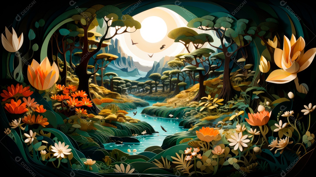 Linda paisagem de floresta ao lado de um lago.