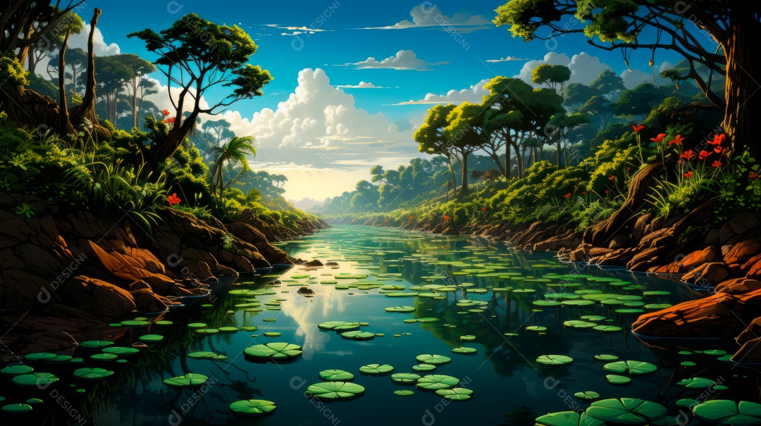 Linda paisagem de floresta ao lado de um lago.