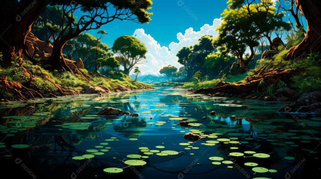 Linda paisagem de floresta ao lado de um lago.