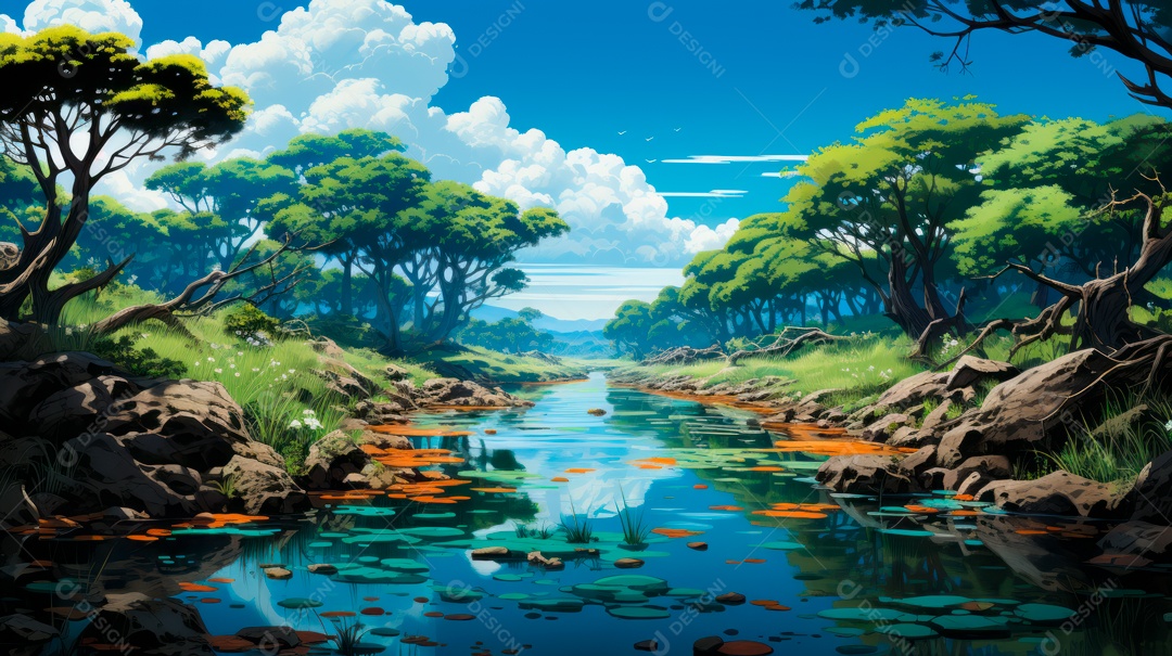 Linda paisagem de floresta ao lado de um lago.