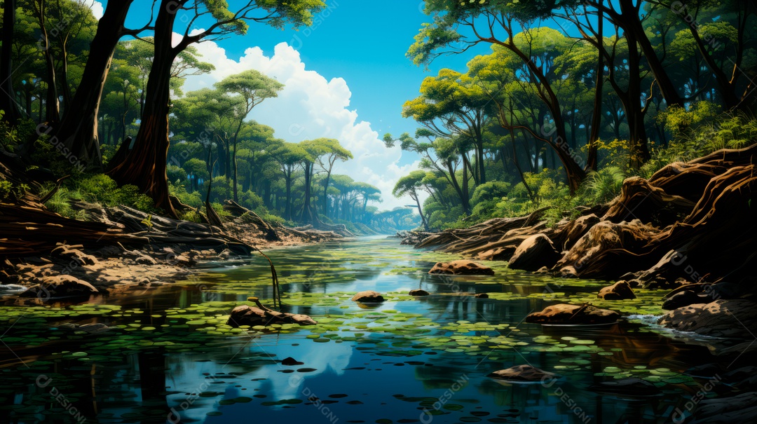 Linda paisagem de floresta ao lado de um lago.