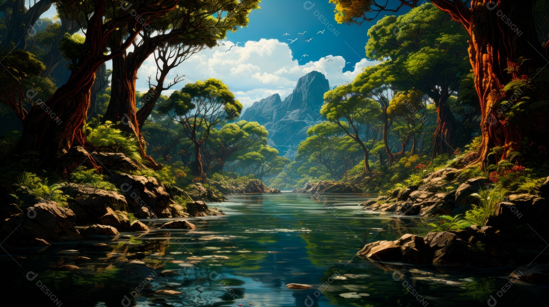 Linda paisagem de floresta ao lado de um lago.