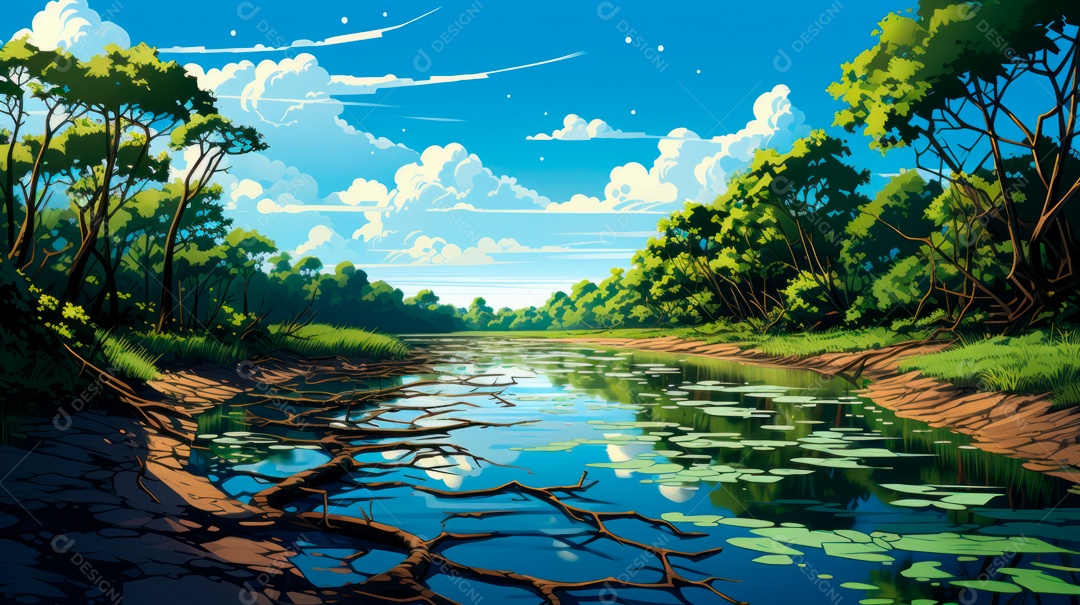 Linda paisagem de floresta ao lado de um lago.