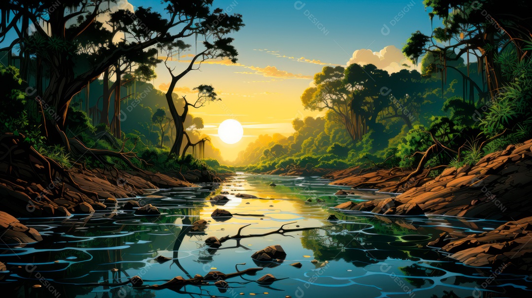 Linda paisagem de floresta ao lado de um lago.