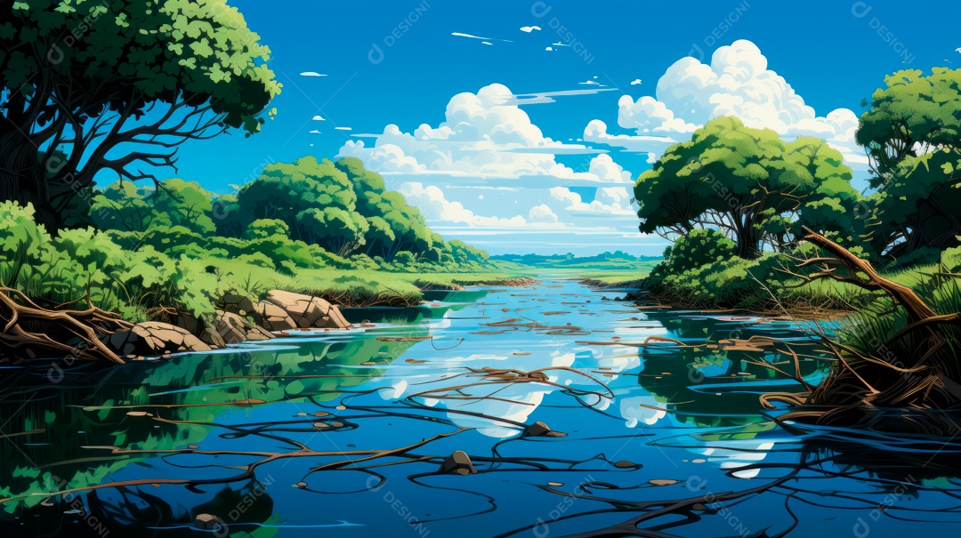 Linda paisagem de floresta ao lado de um lago.