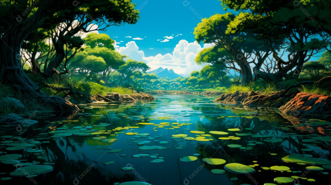 Linda paisagem de floresta ao lado de um lago.