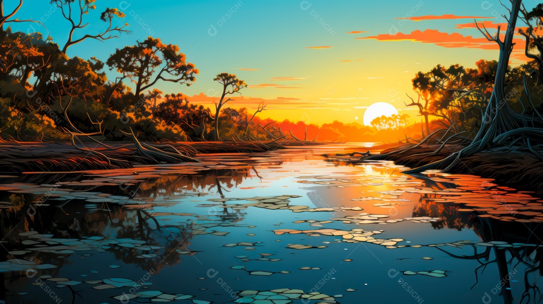 Linda paisagem de floresta ao lado de um lago.