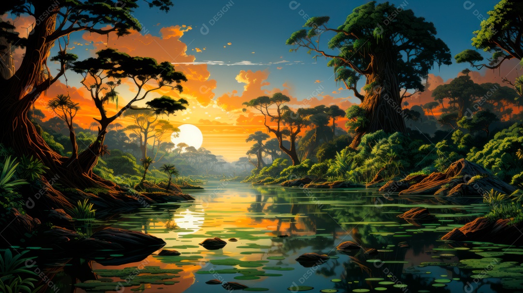 Linda paisagem de floresta ao lado de um lago.