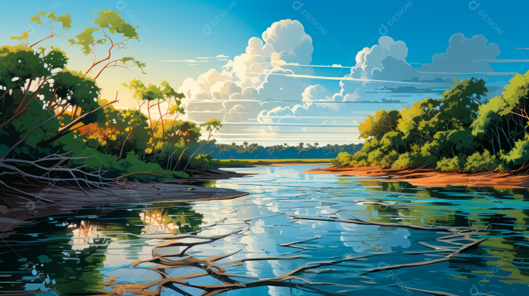 Linda paisagem de floresta ao lado de um lago.