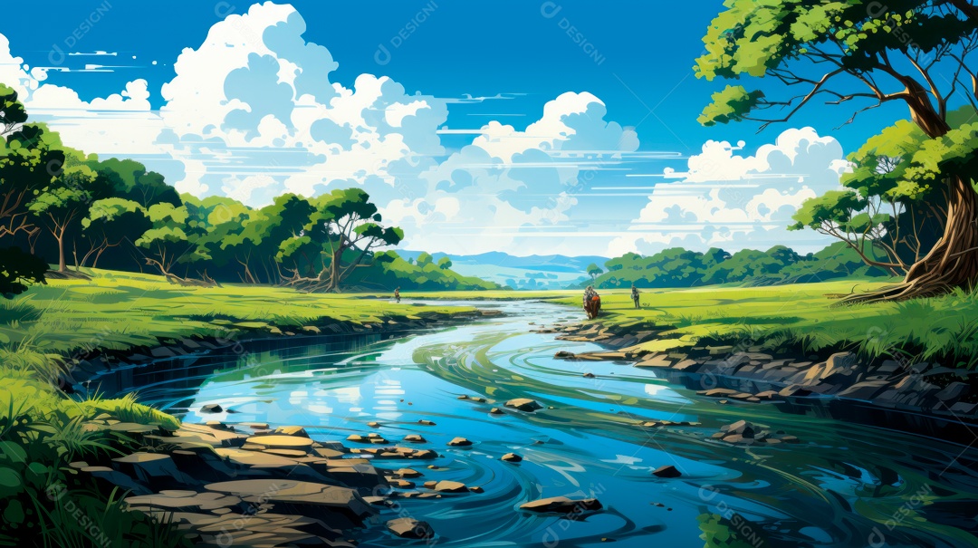 Linda paisagem de floresta ao lado de um lago.